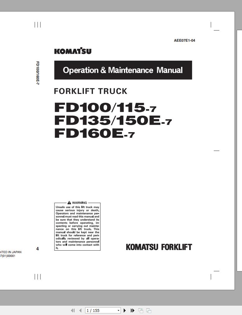 Komatsu Forklift Truck FD115 7 6001 up Operation Maintenance Manual AEE07E1 04 1