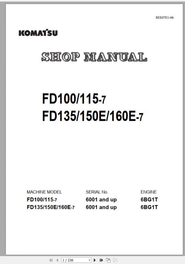 Komatsu Forklift Truck FD135 7 6001 up Shop Manual BEE07E1 06 1