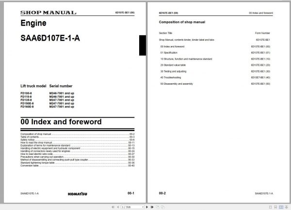 Komatsu Forklift Truck FD135 8 Engine SAA6D107E 1 A 7001 up Shop Manual 6D107E BE1 1
