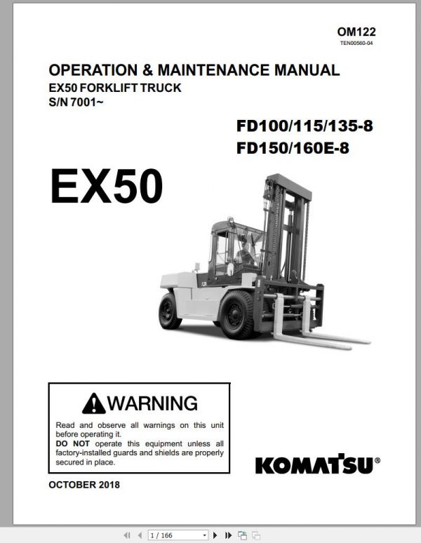 Komatsu Forklift Truck FD150ET 8 EX50 Series 7001 up Operation Maintenance Manual OM122 1