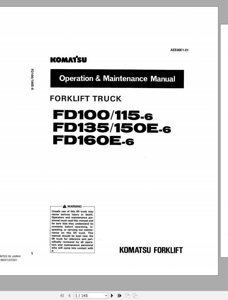 Komatsu Forklift Truck FD160E6 5001 & up Operation & Maintenance