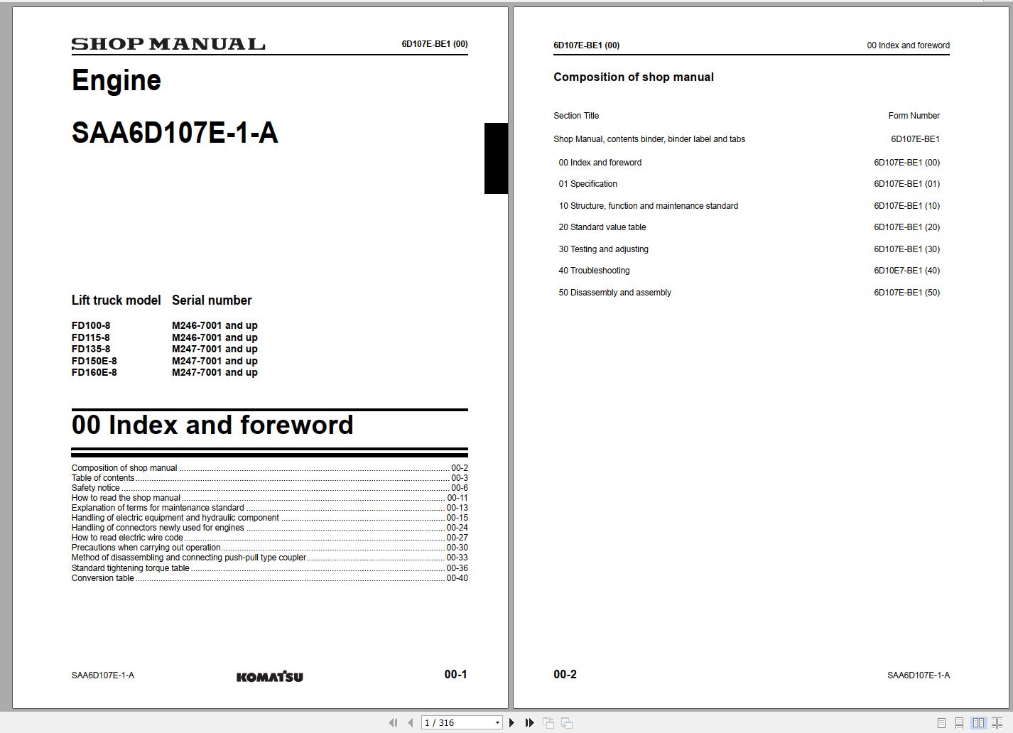 Komatsu Forklift Truck FD160E 8 Engine SAA6D107E 1 A 7001 up Shop Manual 6D107E BE1 1