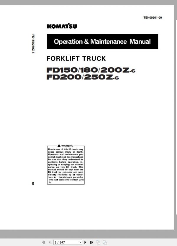 Komatsu Forklift Truck FD200 6 3436 up Operation Maintenance Manual TEN00561 00 1
