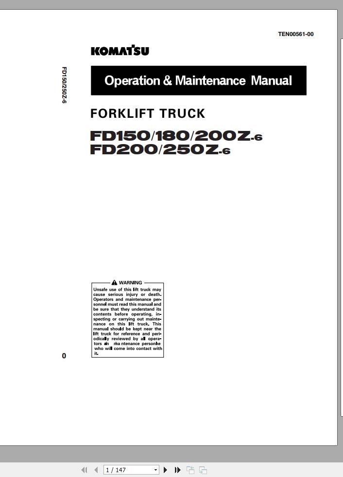 Komatsu Forklift Truck FD200Z 6 2646 up Operation Maintenance Manual TEN00561 00 1