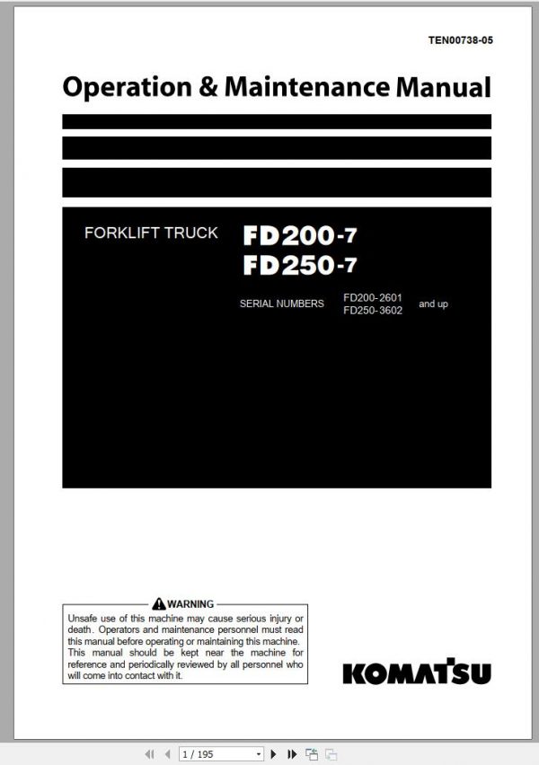 Komatsu Forklift Truck FD250 7 3601 up Operation Maintenance Manual TEN00738 05 1