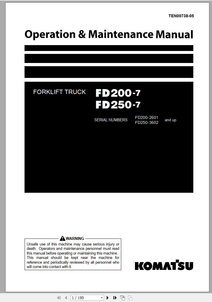 Komatsu Forklift Truck FD250 7 3601 up Operation Maintenance Manual TEN00738 05 1