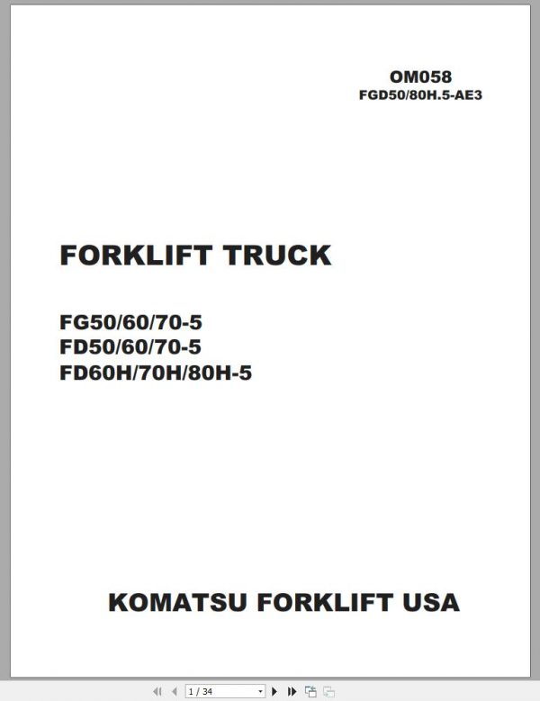 Komatsu Forklift Truck FD70HT 5 Operation Maintenance Manual OM058 1