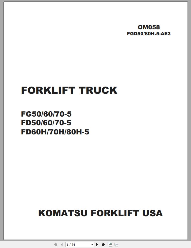 Komatsu Forklift Truck FD70HT 5 Operation Maintenance Manual OM058 1
