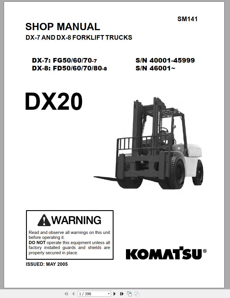 Komatsu Forklift Truck FD70T8 DX20 Series 46001 & up Shop Manual SM141