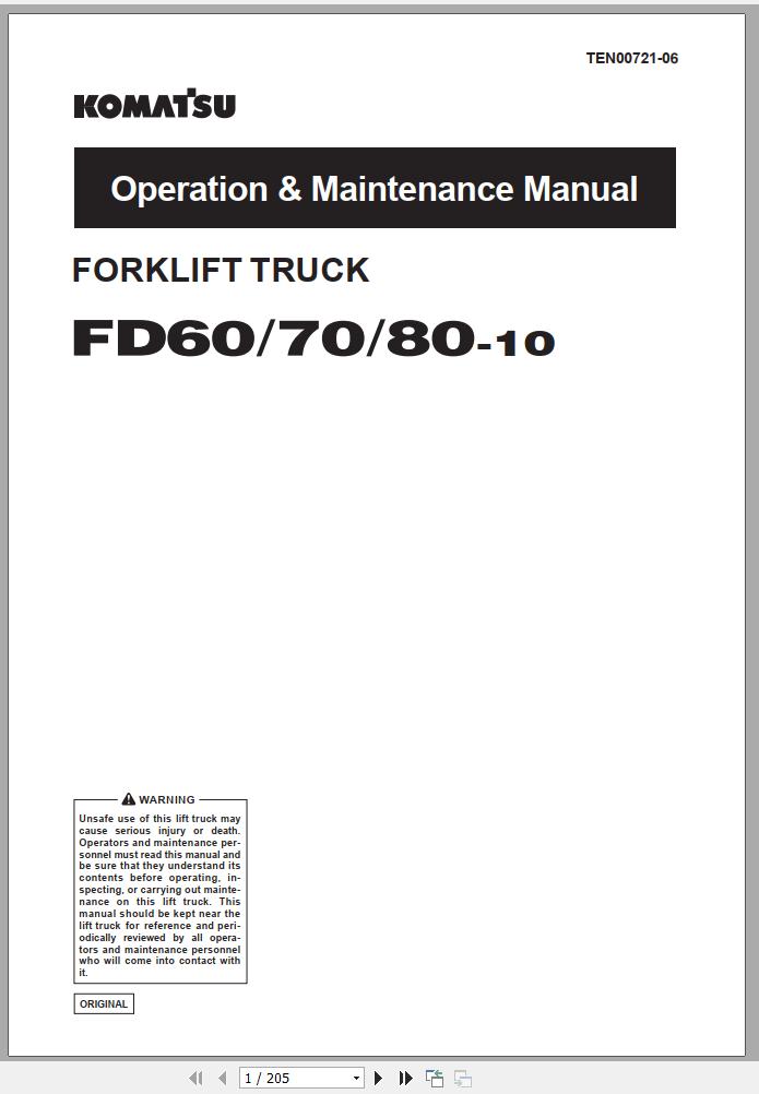 Komatsu Forklift Truck FD80 10 Operation Maintenance Manual TEN00721 06 1