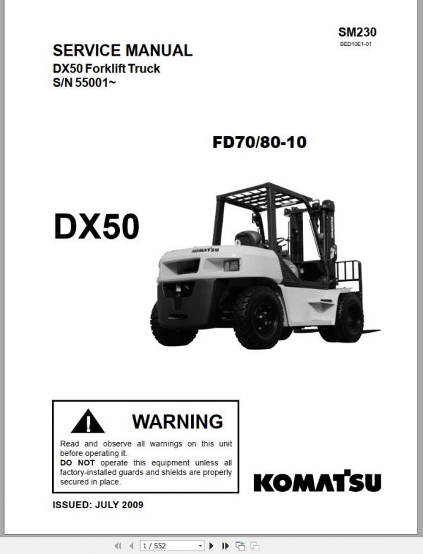Komatsu Forklift Truck FD80T 10 Serial 55001 DX50 Series Service Manual SM230 1