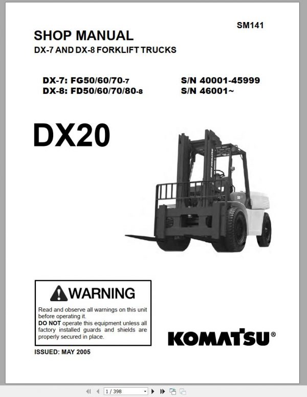 Komatsu Forklift Truck FD80T 8 46001 DX20 Series Shop Manual SM141 1