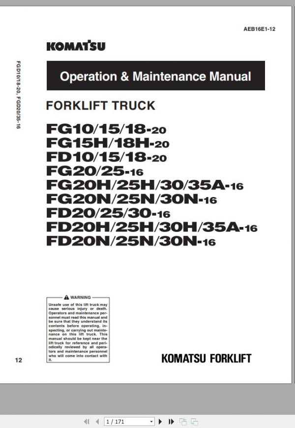 Komatsu Forklift Truck FG10 20 Operation Maintenance Manual AEB16E1 12 1
