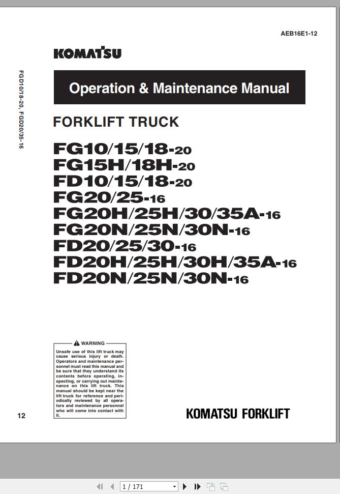 Komatsu Forklift Truck FG10 20 Operation Maintenance Manual AEB16E1 12 1