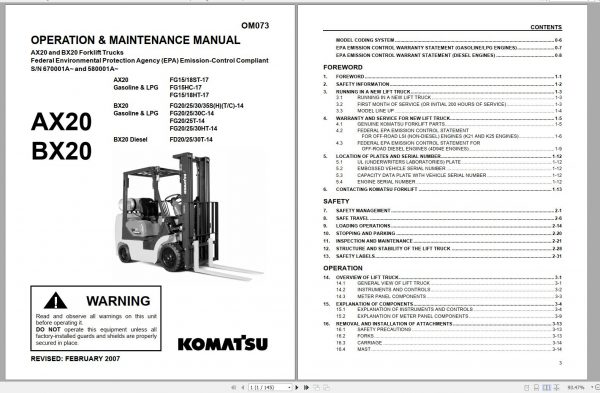 Komatsu Forklift Truck FG15 17 FG18ST 17 FG15HC 17 FG15HT 17 FG18HT 17 Operation Maintenance Manual OM073 1