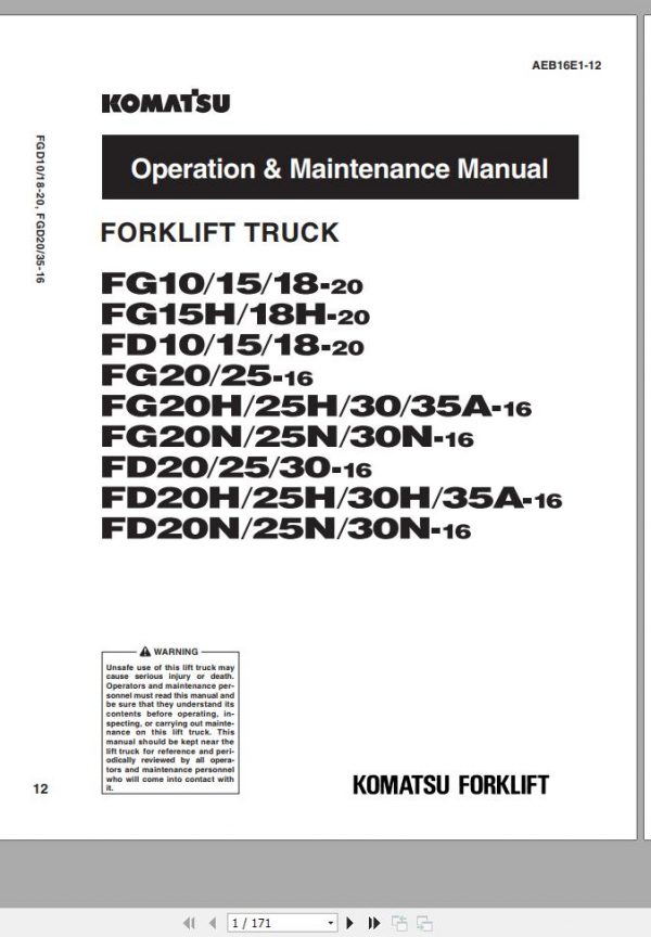 Komatsu Forklift Truck FG15 20 650001 Operation Maintenance Manual AEB16E1 12 1