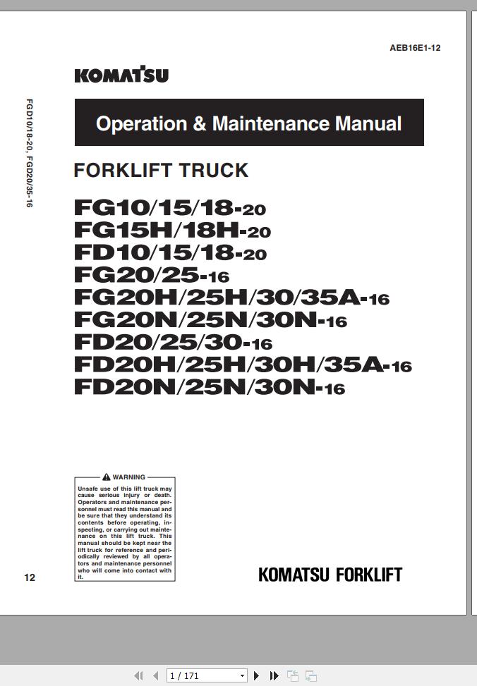 Komatsu Forklift Truck FG15 20 650001 Operation Maintenance Manual AEB16E1 12 1
