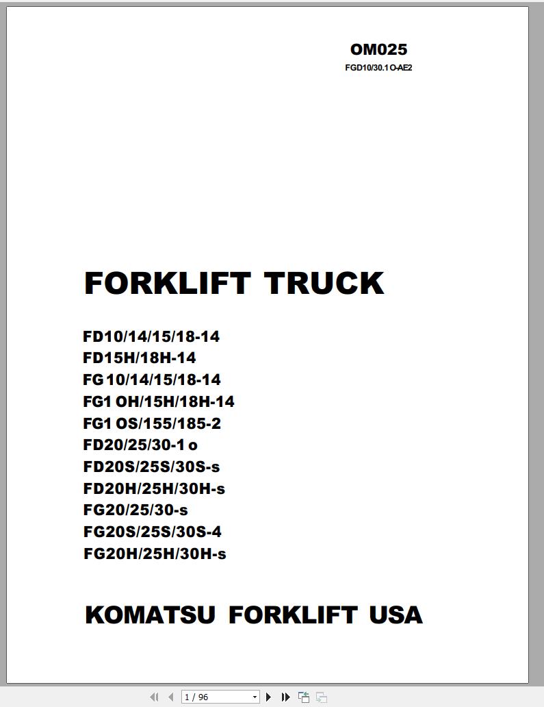 Komatsu Forklift Truck FG18H 14 Operation Maintenance Manual OM025 1