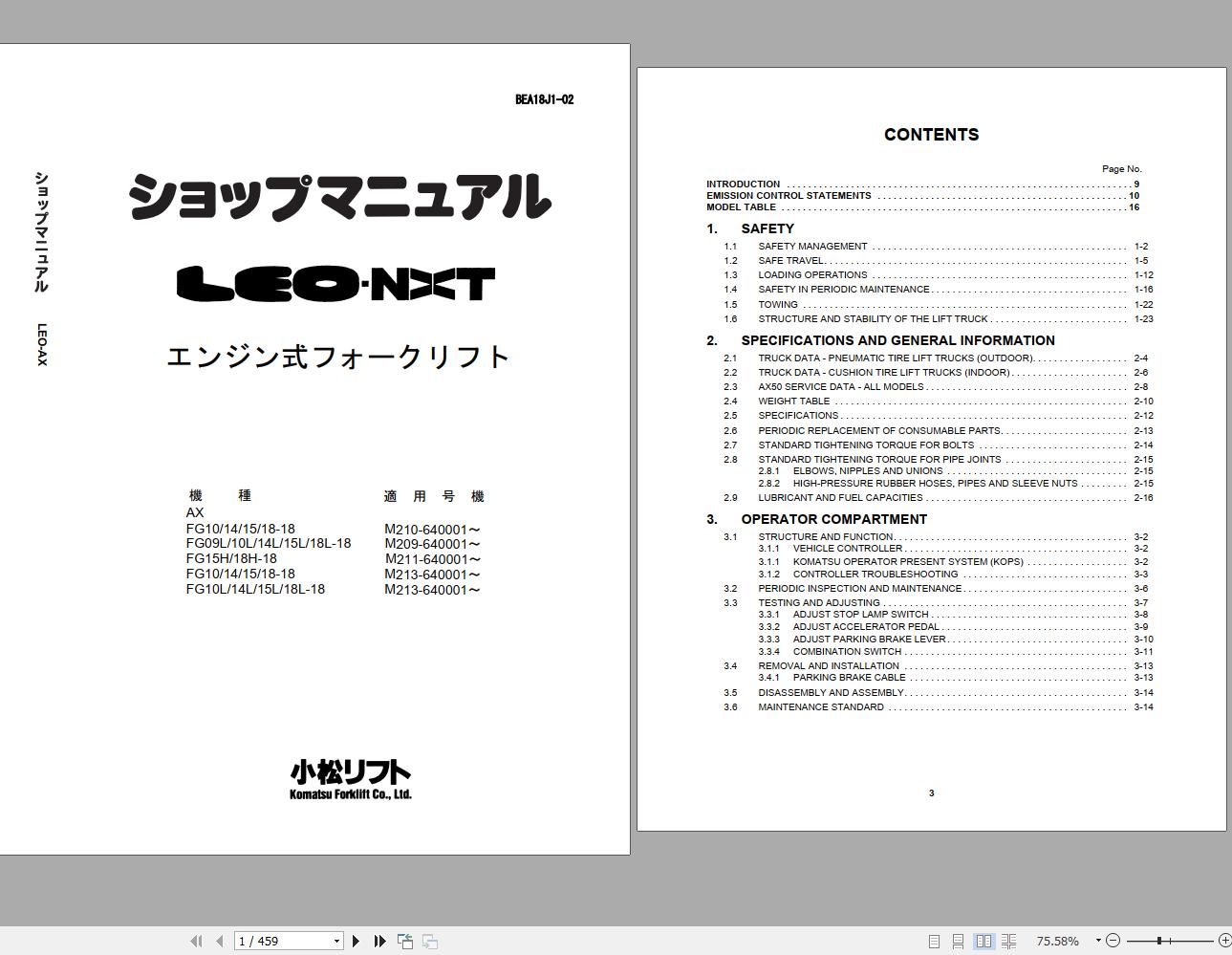 Komatsu Forklift Truck FG18H 20 640001 up Shop Manual BEA20C1 01 1