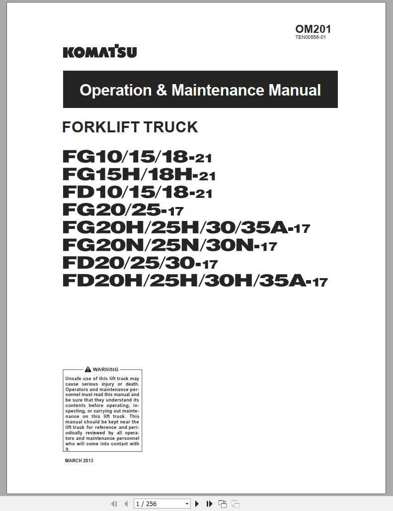 Komatsu Forklift Truck FG18H 21 200001 up Operation Maintenance Manual OM201 1