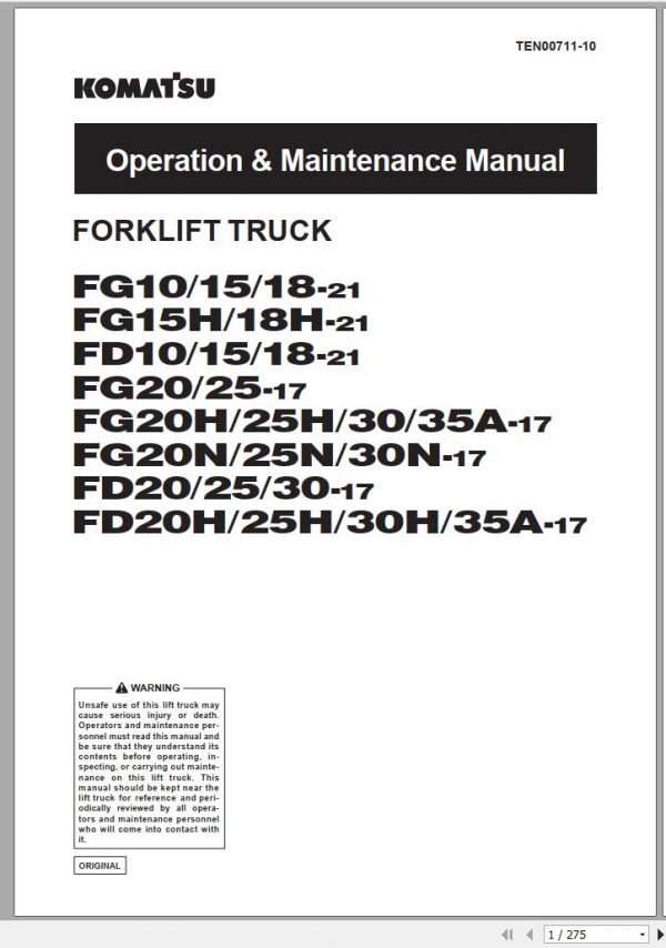 Komatsu Forklift Truck FG18T 21 207701 up Operation Maintenance Manual TEN00711 10 1