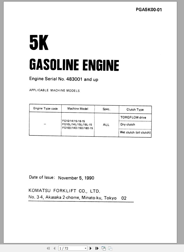 Komatsu Forklift Truck FG20 11 Gasoline Engine 5K Parts Manual PGA5K00 01 1