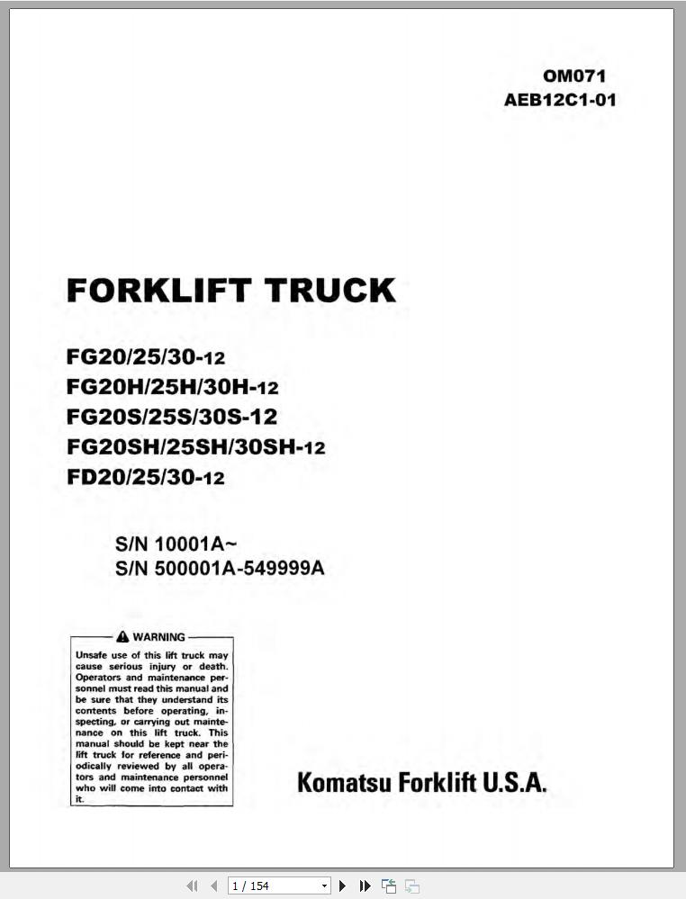 Komatsu Forklift Truck FG20SHT 12 10001A up Operation Maintenance Manual OM071 1