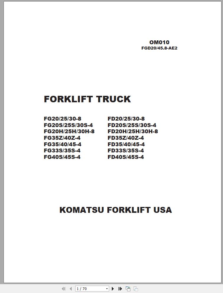 Komatsu Forklift Truck FG20T 8 Operation Maintenance Manual OM010 1