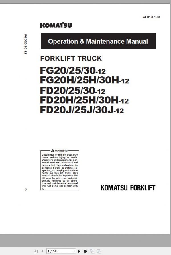 Komatsu Forklift Truck FG25H 12 538001 up Operation Maintenance Manual AEB12E1 03 1