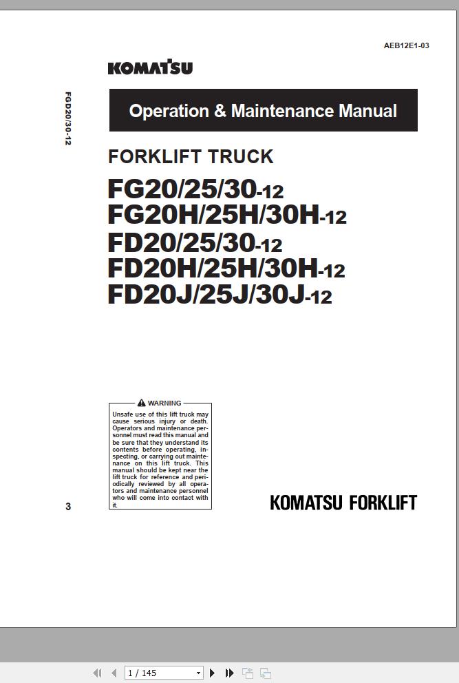 Komatsu Forklift Truck FG30 12 538001 up Operation Maintenance Manual AEB12E1 03 1