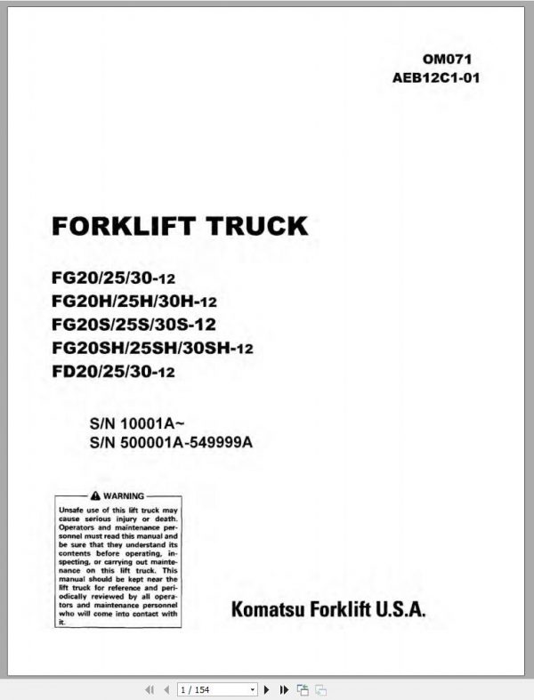 Komatsu Forklift Truck FG30SHT 12 10001A up Operation Maintenance Manual OM071 1