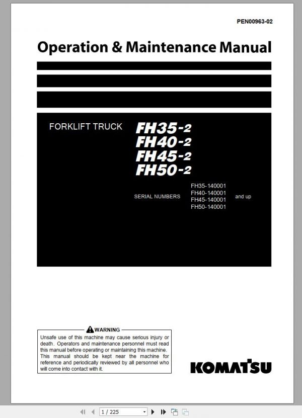 Komatsu Forklift Truck FH35 2 FH40 2 FH45 2 FH50 2 140001 up Operation Maintenance Manual PEN00963 02 1