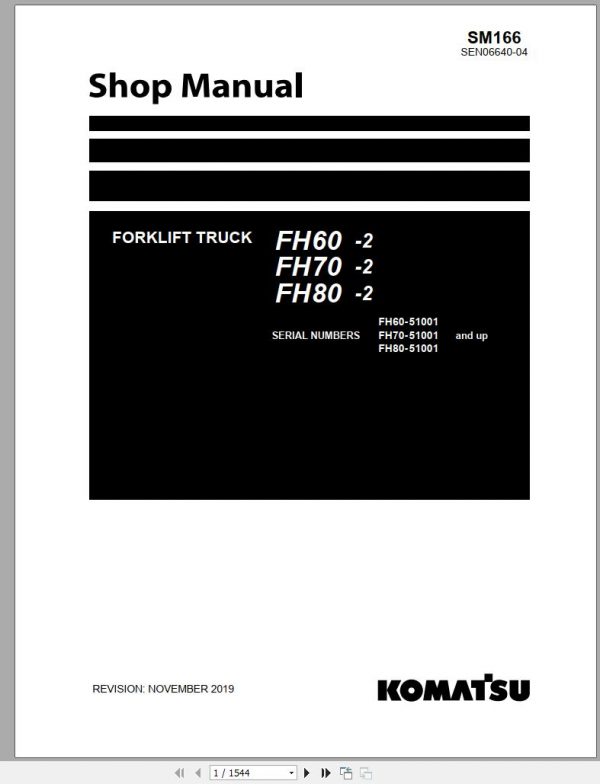 Komatsu Forklift Truck FH60 2 FH70 2 FH80 2 51001 up Shop Manual SM166 1