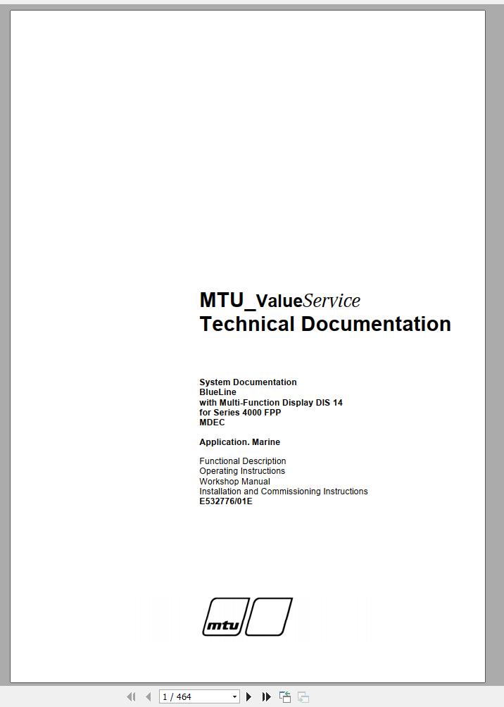 MTU BlueLine With Multi Function Display DIS 14 Series 4000 FPP MDEC Technical Documentation E532776 01E 2009