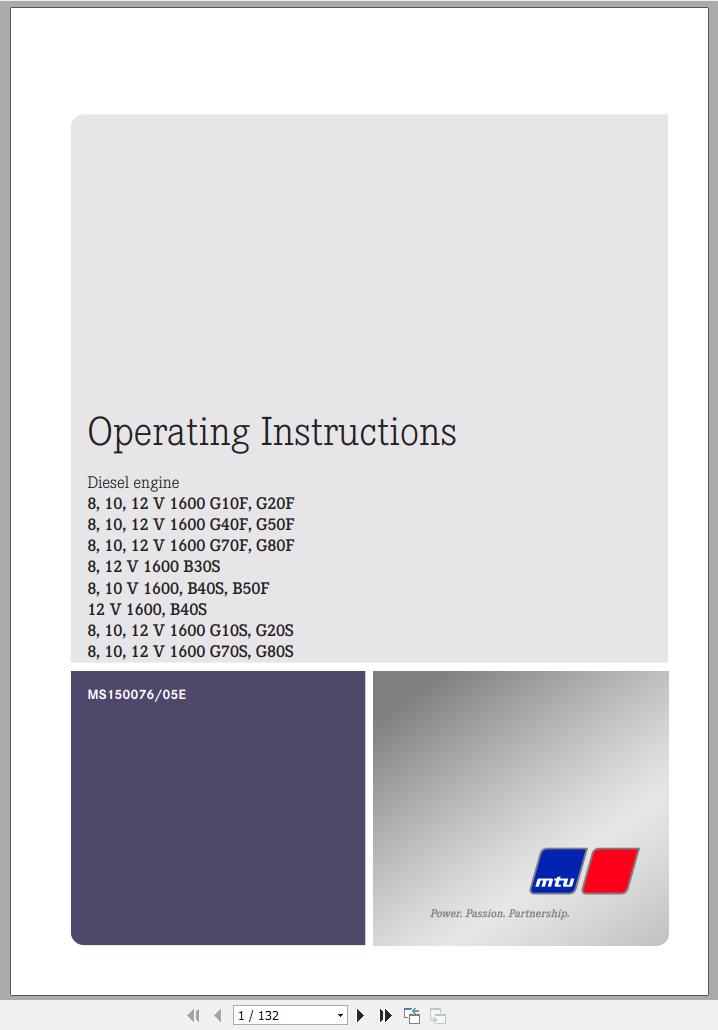 MTU Diesel Engine 10V1600G20F Operating Instructions MS150076 05E 2014