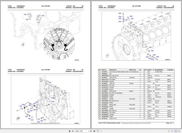 MTU Diesel Engine 12V 2000 G45 Parts Manual 535108450 2012 1