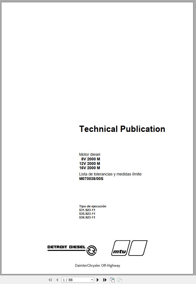 MTU Diesel Engine 16V 2000 M List of Tolerances and Limit Measures M070038 00S 2003 ES