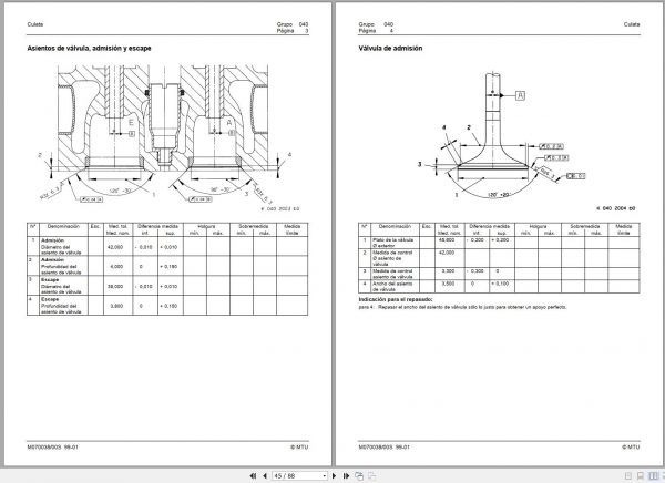 MTU Diesel Engine 16V 2000 M List of Tolerances and Limit Measures M070038 00S 2003 ES 1
