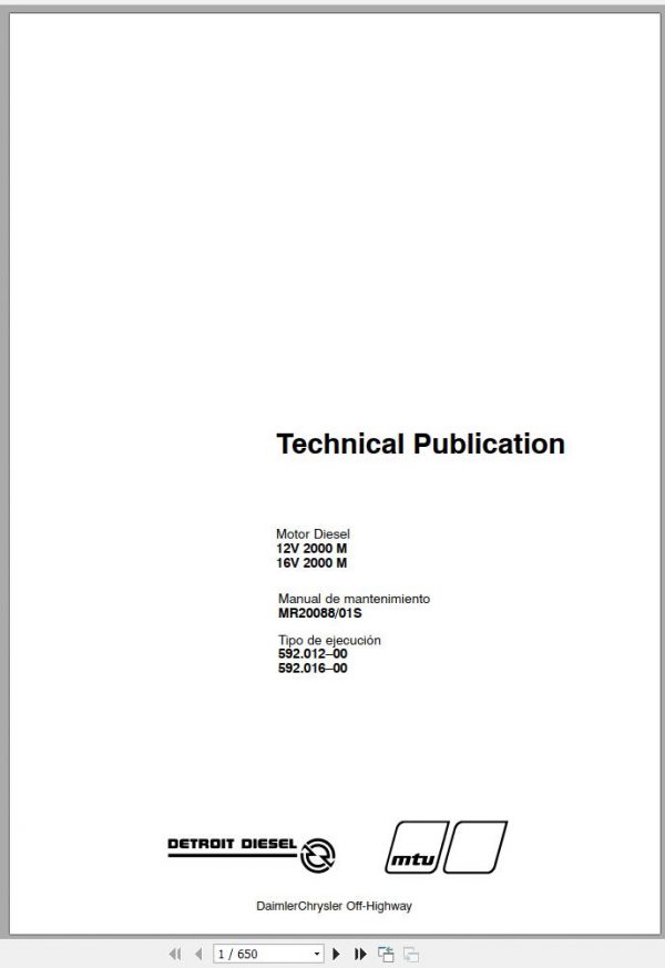 MTU Diesel Engine 16V 2000 M Maintenance Manual MR20088 01S 2002 ES