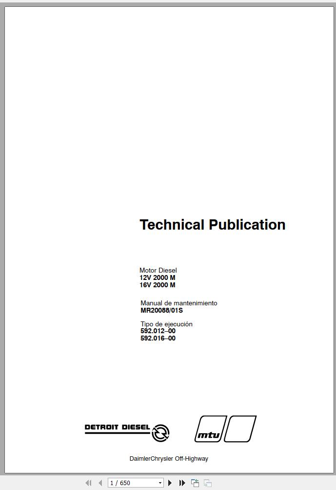 MTU Diesel Engine 16V 2000 M Maintenance Manual MR20088 01S 2002 ES