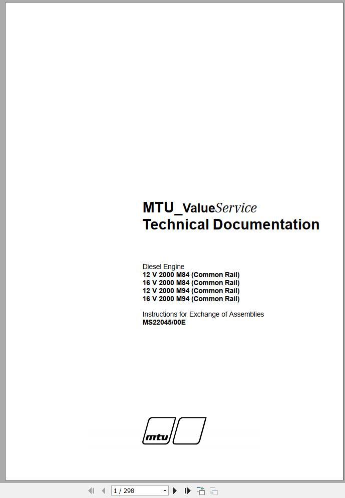 MTU Diesel Engine 16V 2000 M84 Common Rail Instructions for Exchange of Assemblies MS22045 00E 2010