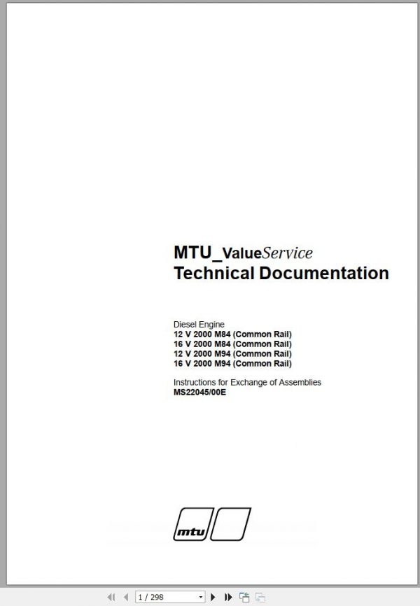 MTU Diesel Engine 16V 2000 M94 Common Rail Instructions for Exchange of Assemblies MS22045 00E 2010