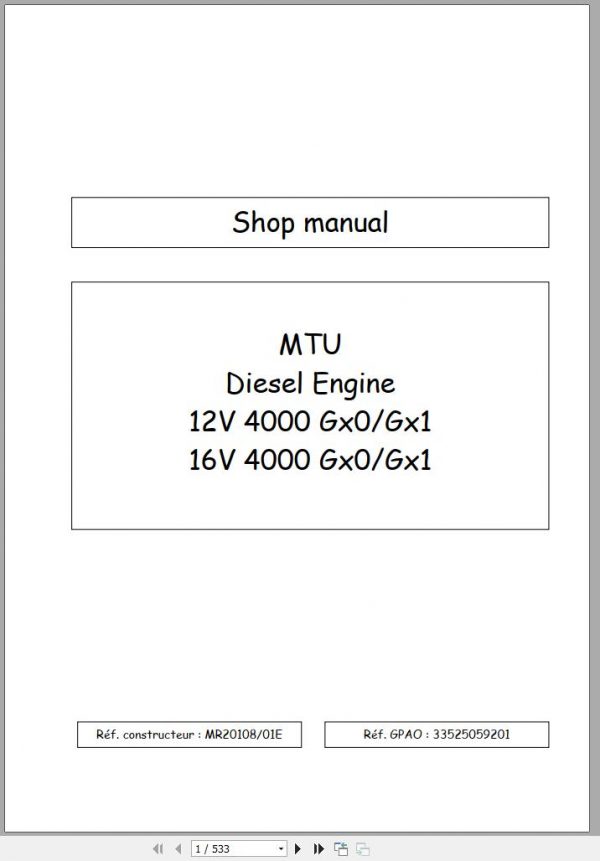 MTU Diesel Engine 16V 4000 Gx0 Gx1 Shop Manual MR20108 01E 2002