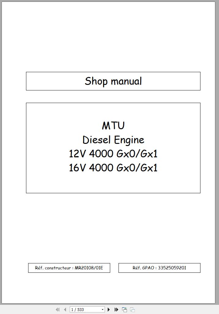 MTU Diesel Engine 16V 4000 Gx0 Gx1 Shop Manual MR20108 01E 2002