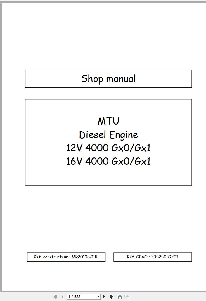 MTU Diesel Engine 16V 4000 Gx0 Gx1 Shop Manual MR20108 01E 2007