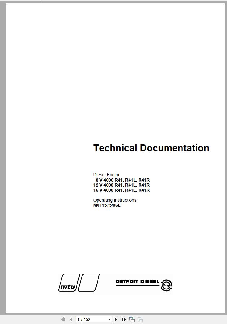 MTU Diesel Engine 16V 4000 R41 R41L R41R Operating Instructions M015575 06E 2008