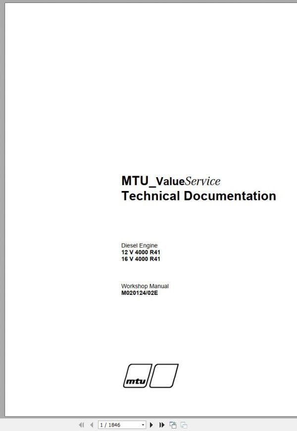 MTU Diesel Engine 16V 4000 R41 Workshop Manual M020124 02E 2009