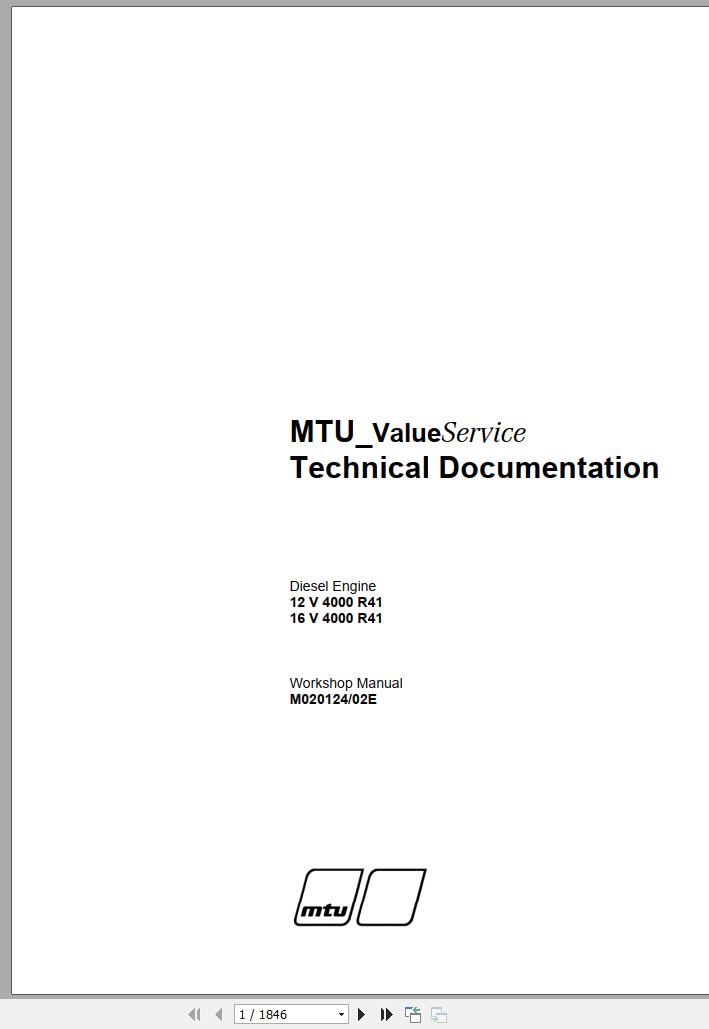 MTU Diesel Engine 16V 4000 R41 Workshop Manual M020124 02E 2009