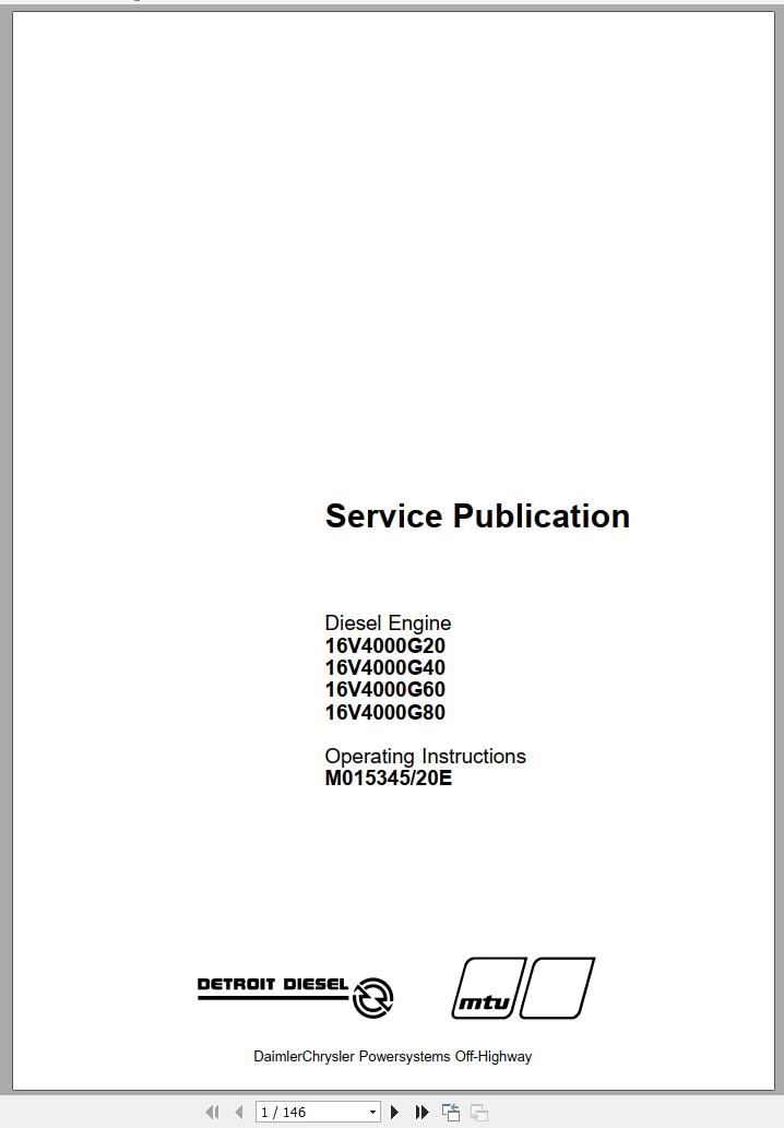 MTU Diesel Engine 16V4000G20 Operating Instructions M015345 20E 2000