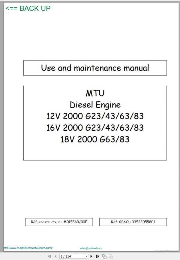 MTU Diesel Engine 18V 2000 G63 G83 Use and Maintenance Manual M015560 00E 2003